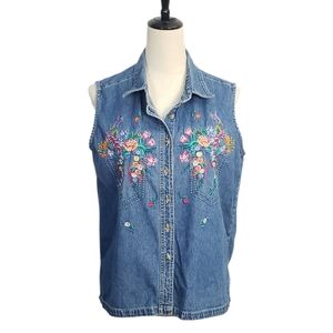 Vintage Lauren Brooke Floral Embroidered Denim Top Cottagecore Sz L